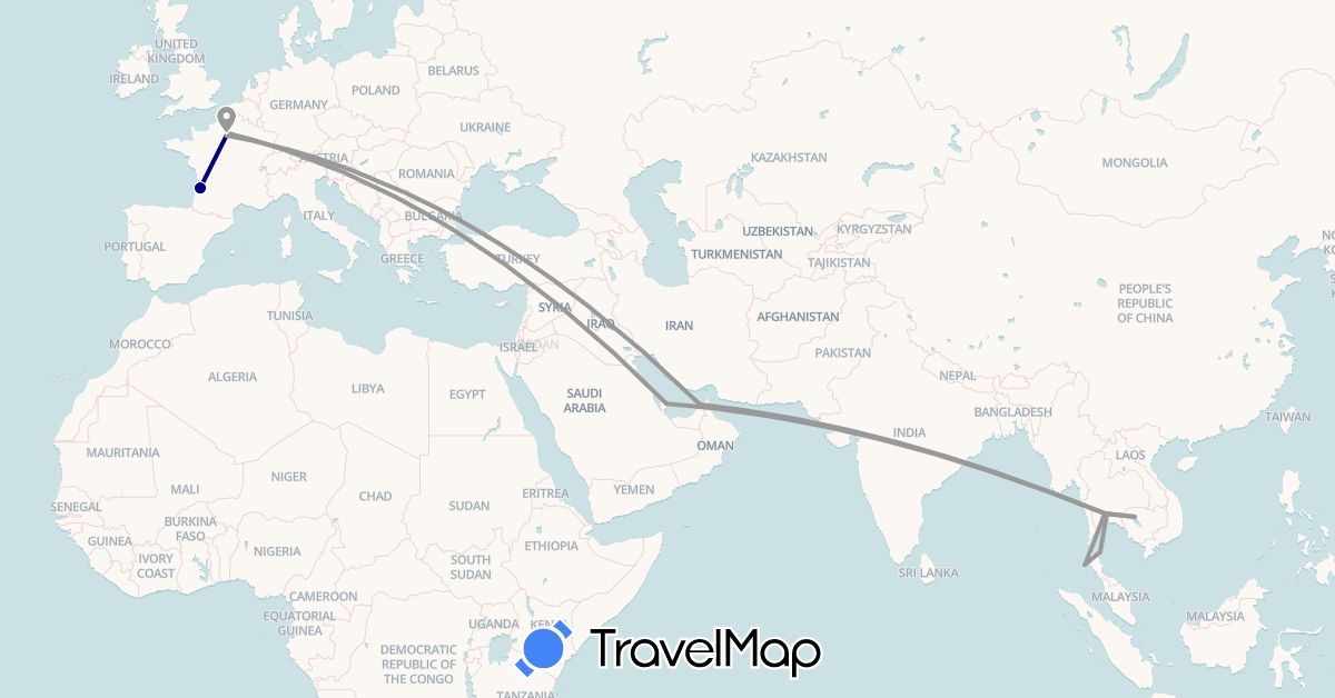 TravelMap itinerary: driving, plane, train in United Arab Emirates, France, Cambodia, Qatar, Thailand (Asia, Europe)